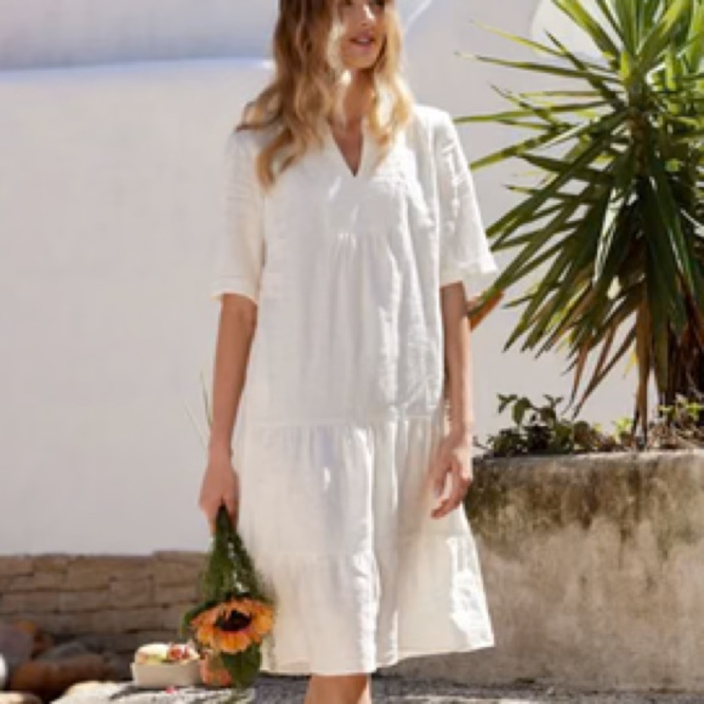 New Grae Cove “Fallon” white linen dress—lovely summer wardrobe piece